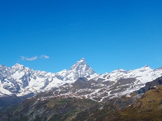 View of the Matterhorn in the Italian Alps near the village of Chamois, Valle d'aosta, Italy - June 2019.