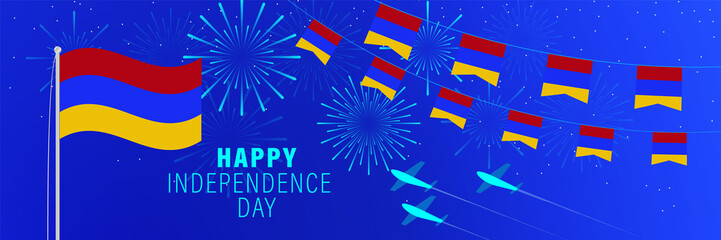 September 21 Armenia Independence Day greeting card. Celebration background with fireworks, flags, flagpole and text.