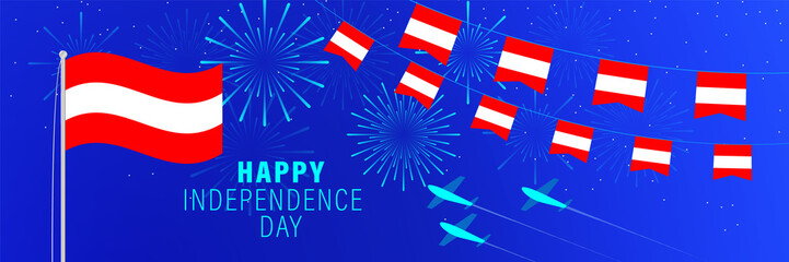 October 26 Austria Independence Day greeting card. Celebration background with fireworks, flags, flagpole and text.