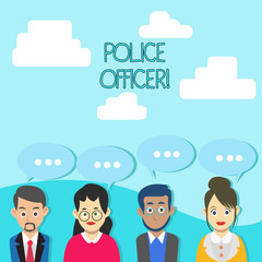 Word writing text Police Officer. Business photo showcasing a demonstrating who is an officer of the law enforcement team Group of Business People with Blank Color Chat Speech Bubble with Three Dots