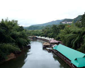 Many wooden house floating on the river
