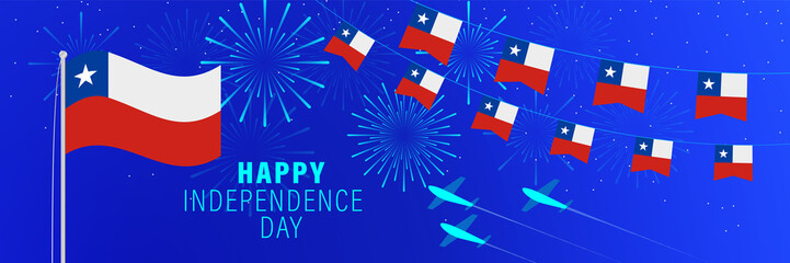 September 18 Chile Independence Day greeting card. Celebration background with fireworks, flags, flagpole and text.
