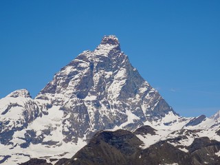 View of the Matterhorn in the Italian Alps near the village of Chamois, Valle d'aosta, Italy - June 2019.