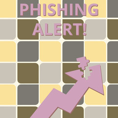 Word writing text Phishing Alert. Business photo showcasing Be cautious to fraudulent attempt to obtain subtle facts Colorful Arrow Pointing Upward with Detached Part Like Jigsaw Puzzle Piece