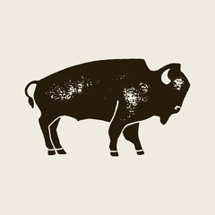 Bison Silhouette Icon. Vector Hand draw bison Symbol of America In Retro style with Grunge Texture on a Light background. Template for logo steak house, farm, t-shirt print and other.