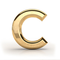 Golden font, letter C, 3d render, gold metal texture,  on white background