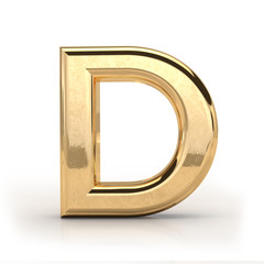 Golden font, letter D, 3d render, gold metal texture,  on white background