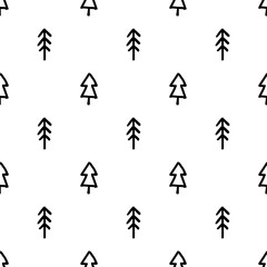 Hand Draw Christmas Tree Seamless Pattern in Doodle style. Vector Monochrome Endless Background of Christmas Trees isolated on white background. Template for Postcards, packaging, printing on fabric