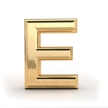 Golden font, letter E, 3d render, gold metal texture,  on white background