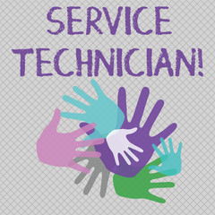 Obraz premium Word writing text Service Technician. Business photo showcasing Managing all on site installation and repair task Color Hand Marks of Different Sizes Overlapping for Teamwork and Creativity