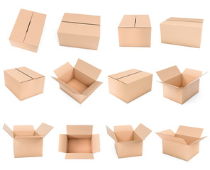 Shipping box mock up. Set brown cartons. 3d rendering illustration isolated