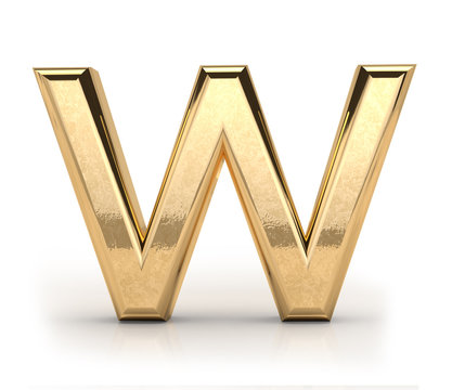 Golden font, letter W, 3d render, gold metal texture,  on white background