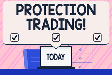 Conceptual hand writing showing Protection Trading. Concept meaning deliberate attempt to limit imports or promote exports Blank Huge Speech Bubble Pointing to the White Laptop Screen