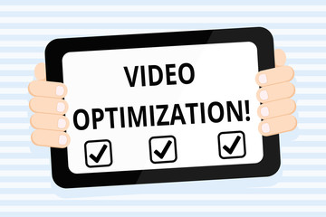 Writing note showing Video Optimization. Business concept for to ensure or improve consumer viewing experience Color Tablet Smartphone with Screen Handheld Back of Gadget