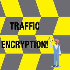 Text sign showing Traffic Encryption. Business photo text method of securing the transmission of information Businessman Looking Up, Holding and Talking on Megaphone with Volume Icon