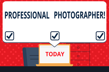 Handwriting text Professional Photographer. Conceptual photo demonstrating who takes photographs especially as job Blank Huge Speech Bubble Pointing to White Laptop Screen in Workspace Idea