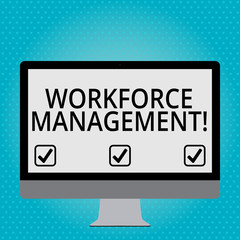 Handwriting text Workforce Management. Conceptual photo use to optimize the productivity of its employees Blank White Computer Monitor WideScreen Mounted on a Stand for Technology