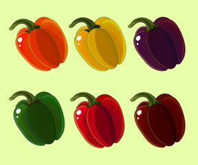 Set of colorful peppers< bright purple< dark red, light red, orange, green. Isolated cartoon style vegetables with colorful surface. Shine glance sweet peppers isolated on white, vector icons