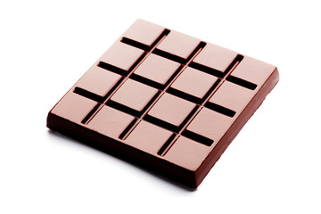 Dark chocolate square shape on a white background from top view. Isolate