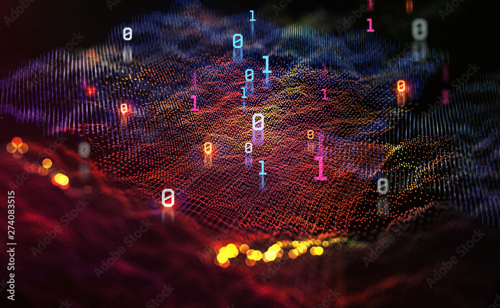 Poster Big data. Processing an array of information. Global digital network. 3D illustration of a space funnel in neon colors