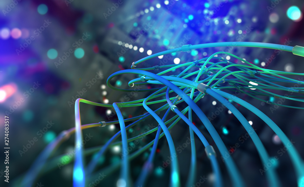 Aufkleber Digital technology. Web of global data. Network connections in the cyberspace of the future. 3D illustration of computer wires in an abstract, futuristic city
