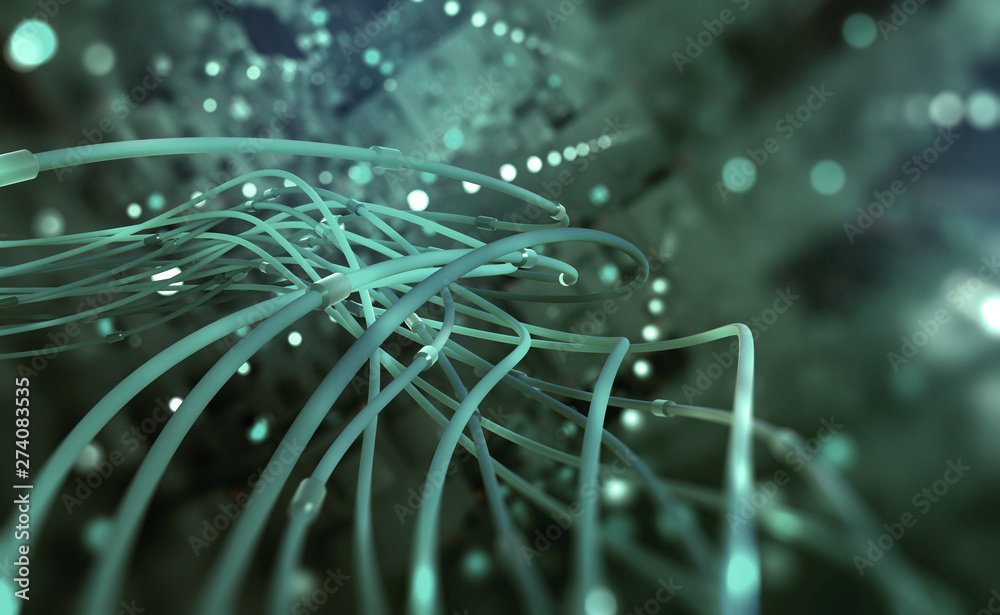 Aufkleber Digital technology. Web of global data. Network connections in the cyberspace of the future. 3D illustration of computer wires in an abstract, futuristic city