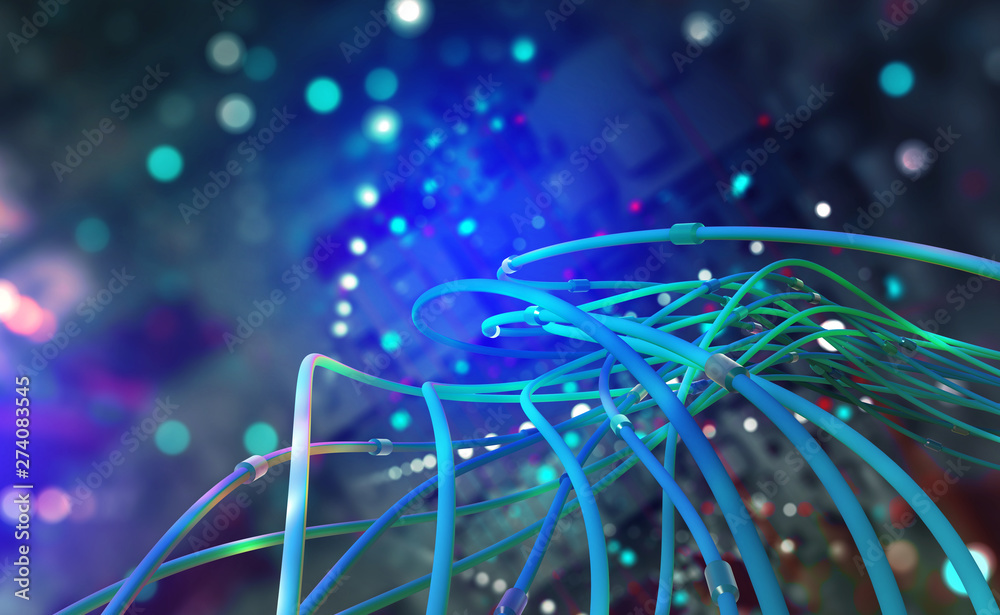 Poster Digital technology. Web of global data. Network connections in the cyberspace of the future. 3D illustration of computer wires in an abstract, futuristic city