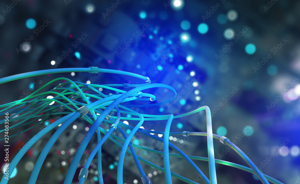 Aufkleber Digital technology. Web of global data. Network connections in the cyberspace of the future. 3D illustration of computer wires in an abstract, futuristic city