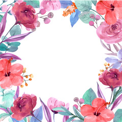  invitation frame set; flowers, leaves, watercolor, isolated on white. Sketched wreath, floral and herbs garland with green