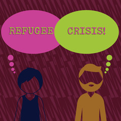Text sign showing Refugee Crisis. Business photo text refer to movements of large groups of displaced showing Bearded Man and Woman Faceless Profile with Blank Colorful Thought Bubble