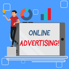 Handwriting text Online Advertising. Conceptual photo uses the Internet to marketing messages to customers Man Leaning on Blank Smartphone Turned on Its Side with Graph and Idea Icon