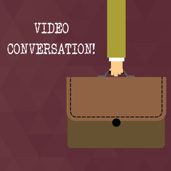 Writing note showing Video Conversation. Business concept for Communicating visually with another demonstrating via computer Businessman Carrying Colorful Briefcase Portfolio Applique