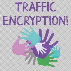 Obraz premium Word writing text Traffic Encryption. Business photo showcasing method of securing the transmission of information Color Hand Marks of Different Sizes Overlapping for Teamwork and Creativity