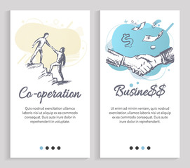 Business and cooperation vector, businessman helping partner, support and development in field, deal handshake of male, dollars and success. Website or slider app, landing page flat style