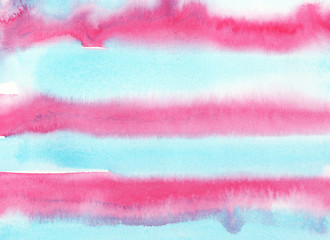 Hand painted abstract Watercolor Wet pink and turquoise striped Background with stains. Watercolor wash. Abstract painting. design for invitation, greeting card, wedding. empty space for text