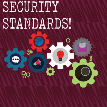 Word writing text Security Standards. Business photo showcasing the scope of security functions and features needed Set of Global Online Social Networking Icons Inside Colorful Cog Wheel Gear