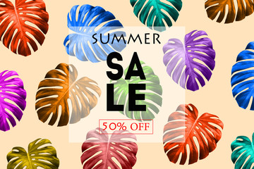 Fototapeta na wymiar Bright summer sale banner with tropical colorful leaves. Exotic colorful design for flyer, banner, poster, invitation, website or greeting card. Fashionable summer style