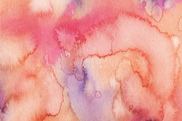 Hand painted abstract Watercolor Wet pink, purple and orange Background with stains. Watercolor wash. Abstract painting. design for invitation, greeting card, wedding. empty space for text