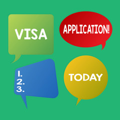 Word writing text Visa Application. Business photo showcasing conditional authorization granted by country to foreigner Blank Speech Bubble Sticker in Different Shapes and Color for Multiple Chat