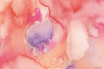 Hand painted abstract Watercolor Wet pink, purple and orange Background with stains. Watercolor wash. Abstract painting. design for invitation, greeting card, wedding. empty space for text