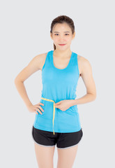 Beautiful slim young asian woman measuring tape thin waist wear uniform fitness isolated white background, asia girl loss weight for diet with exercise and workout wellbeing and healthy care body.