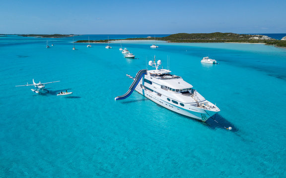 Aerial Drone View Of Motor Yacht Boat In Islands Bahamas Beaches