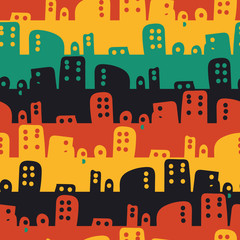 A seamless vector stipes pattern with colorful cityscape. Surface print design.