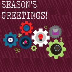 Word writing text Season S Is Greetings. Business photo showcasing Used as an expression of goodwill during festivities Set of Global Online Social Networking Icons Inside Colorful Cog Wheel Gear