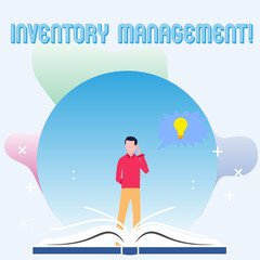 Text sign showing Inventory Management. Business photo showcasing supervision of non capitalized assets and stock items Man Standing Behind Open Book, Hand on Head, Jagged Speech Bubble with Bulb