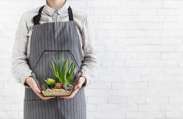 Woman in apron with florarium. Gardening service concept