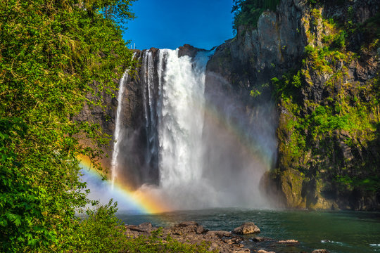 Clear Skies And Double Rainbow Over Snoqualmie Falls In Washington