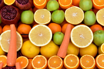 Brightly colored fruits ready to juice