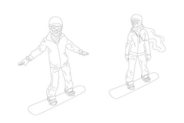 Couple of young people, man and woman, are snowboarding on a mountain on sunny winter day.
