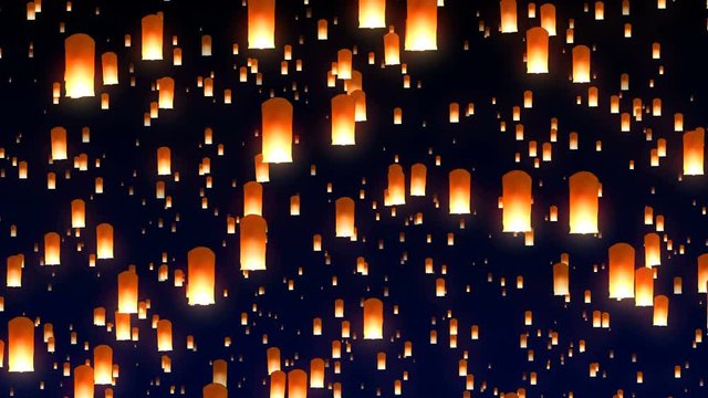 Many flying sky lanterns rising up in the night sky during festival. 3-D Seamless looping animation.